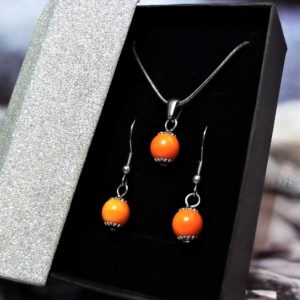Narancssárga kerámia-nemesacél nyaklánc-fülbevaló szett- RIKA Kerámia és AromaÉkszer